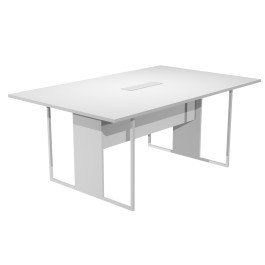Tavolo per sala riunioni con gambe metalliche, piano in melaminico completo di top access passacavi con marsupio cm. 180x110x74,4h