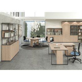 Libreria bassa con struttura in metallo verniciato a 2 vani a giorno con ripiani, base, cappello e schiena in melaminico cm. 90x46x80h