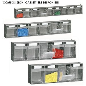 Scaffalatura in plastica a parete con cassetti trasparenti per raccolta accessori ferramenta cm. 60x7,8x30,8h