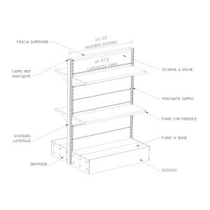 Modulo di scaffalatura metallica da negozio a centro stanza colore alluminio e bianco cm. 100x60x140h
