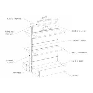 Modulo continuativo zincato scaffalatura da negozio con piani a mensole di cm. 100x50x140h